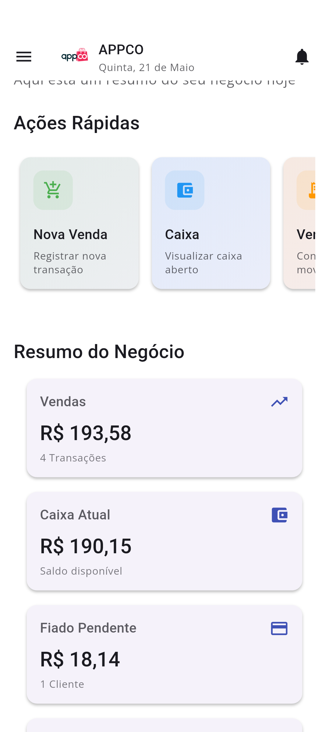 Tela de cliente no aplicativo AppCo