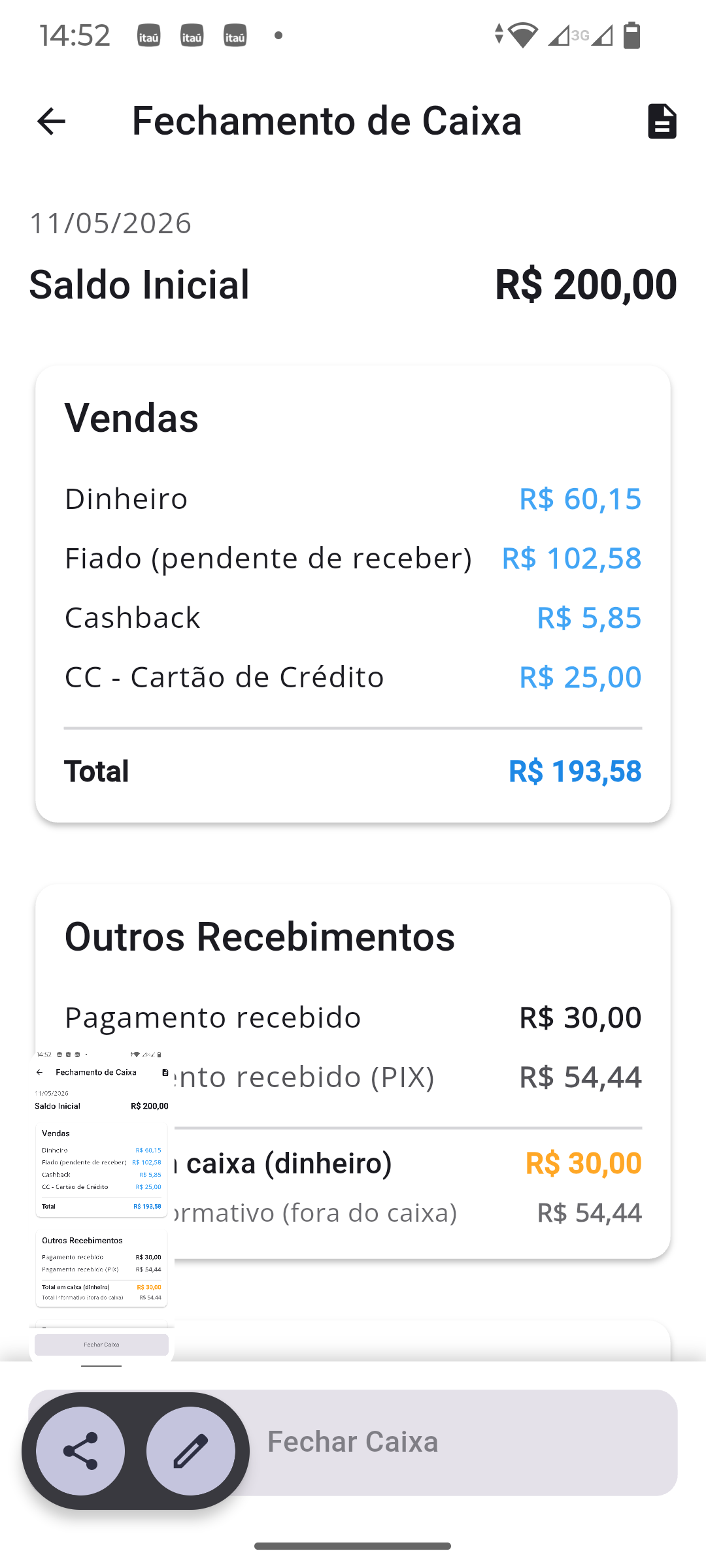 Tela de fechamento de caixa detalhado no aplicativo AppCo